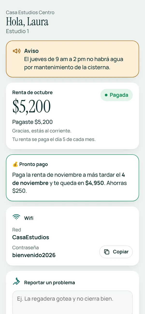 Página del inquilino: aviso del edificio, renta de octubre pagada, pronto pago para noviembre, wifi con botón para copiar y formulario para reportar un problema