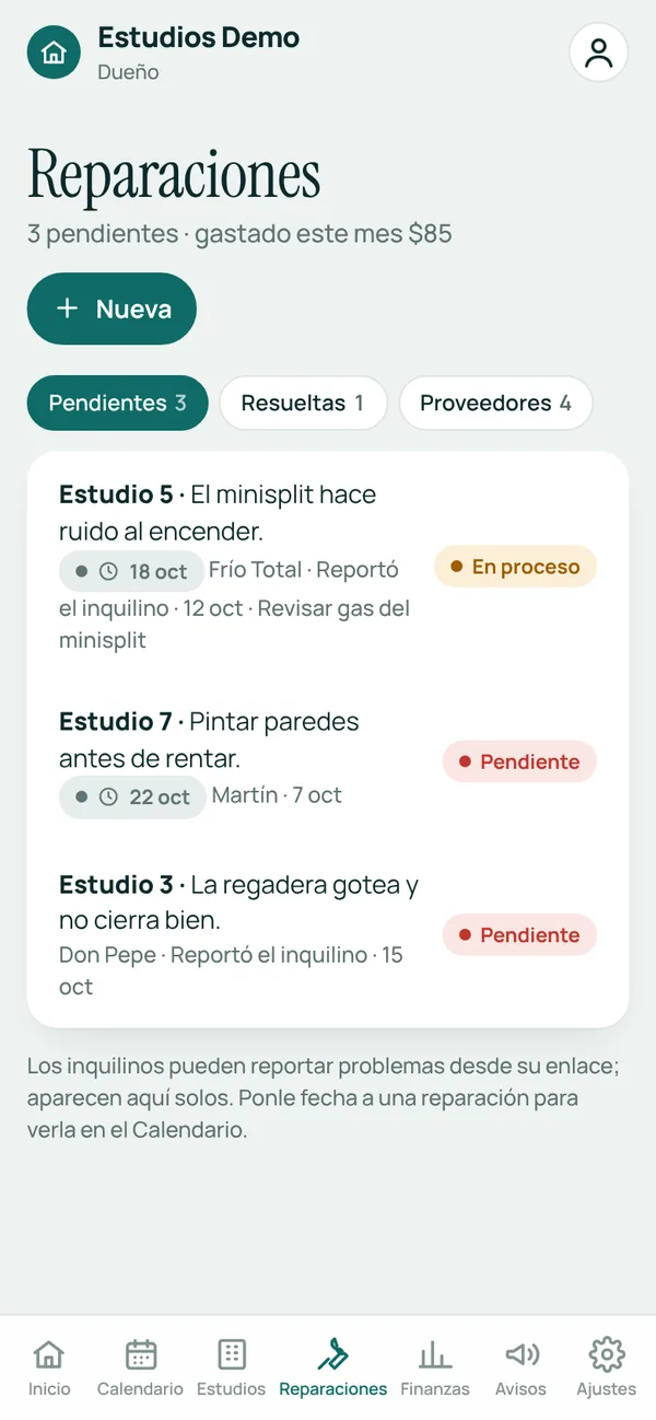 Reparaciones pendientes con fecha programada y proveedor asignado
